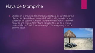 Playa de Mompiche
 Ubicado en la provincia de Esmeraldas, ideal para los surfistas por sus
olas de casi 1 km de largo, es uno de los últimos lugares donde se
conservan los bosques húmedos sobre la línea ecuatorial. Siendo el
hogar de una extensa flora y fauna natural está cerca de la reserva
nacional Mache Chindul que es una región de manglares y zona de
bosques secos.
 