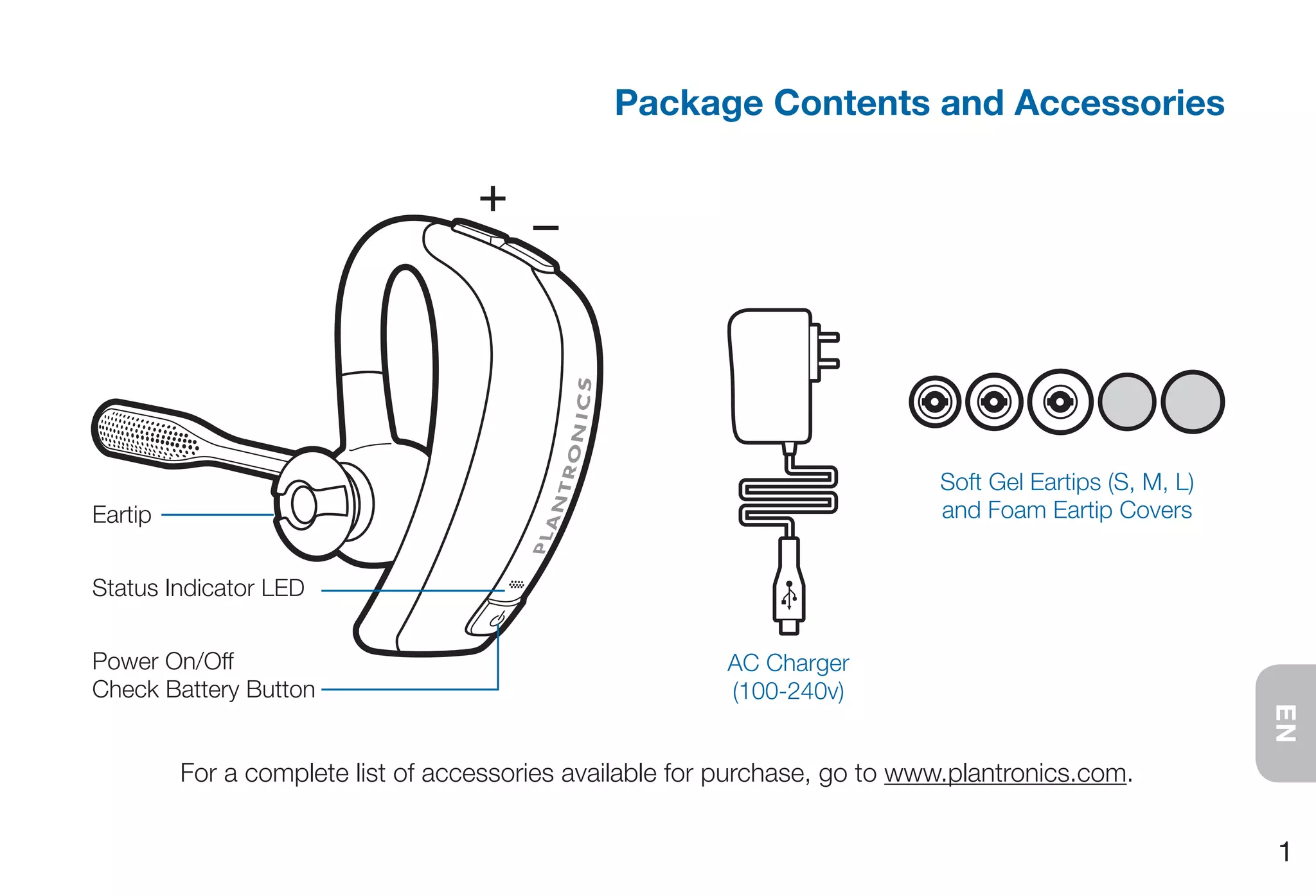 Package Contents and Accessories




                                                                            Soft Gel Eartips (S, M, L)
Eartip                                                                      and Foam Eartip Covers


Status Indicator LED


Power On/Off                                             AC Charger
Check Battery Button                                     (100-240v)




                                                                                                         EN
         For a complete list of accessories available for purchase, go to www.plantronics.com.


                                                                                                         1
 