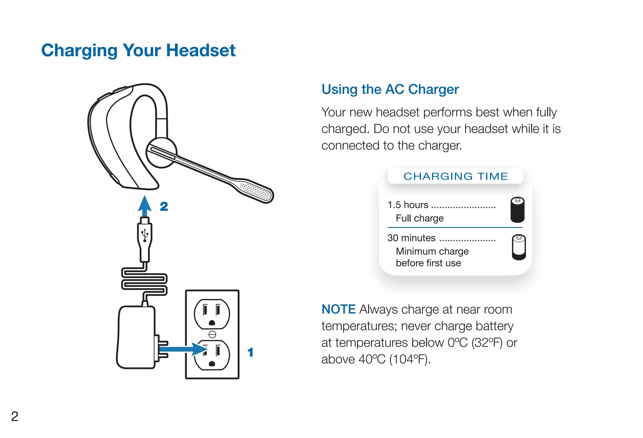 Charging Your Headset

                                Using the AC Charger
                                Your new headset performs best when fully
                                charged. Do not use your headset while it is
                                connected to the charger.

                                                 CHArgIng TIME


                2                           1.5 hours ........................
                                              Full charge

                                            30 minutes .....................
                                              Minimum charge
                                              before first use



                                NOTE Always charge at near room
                                temperatures; never charge battery
                                at temperatures below 0ºC (32ºF) or
                            1
                                above 40ºC (104ºF).



2
 