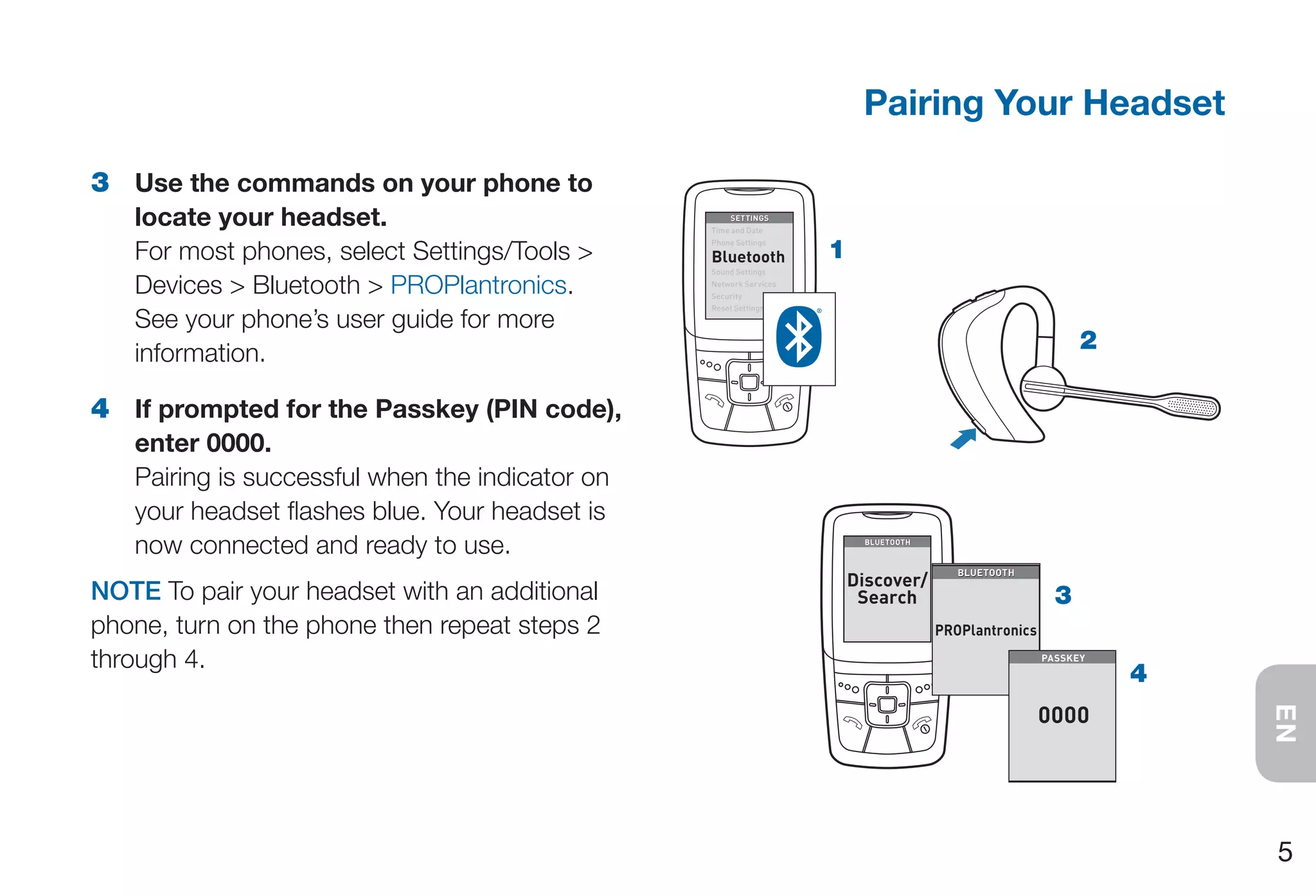 Pairing Your Headset

3 Use the commands on your phone to
   locate your headset.                               SETTINGS
                                                 Time and Date


   For most phones, select Settings/Tools >
                                                 Phone Settings

                                                 Bluetooth          1
                                                 Sound Settings

   Devices > Bluetooth > PROPlantronics.         Network Services
                                                 Security


   See your phone’s user guide for more
                                                 Reset Settings




   information.                                                                                             2

4 If prompted for the Passkey (PIN code),
   enter 0000.
   Pairing is successful when the indicator on
   your headset flashes blue. Your headset is
   now connected and ready to use.                                       BLUETOOTH



                                                                                        BLUETOOTH
                                                                        Discover/
NOTE To pair your headset with an additional                             Search                         3
phone, turn on the phone then repeat steps 2                                         PROPlantronics

through 4.                                                                                            PASSKEY

                                                                                                                4
                                                                                                      0000




                                                                                                                    EN
                                                                                                                    5
 