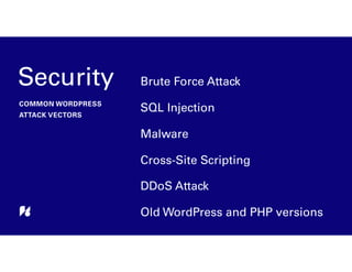 Brute Force Attack
SQL Injection
Malware
Cross-Site Scripting
DDoS Attack
Old WordPress and PHP versions
Security
COMMON W...