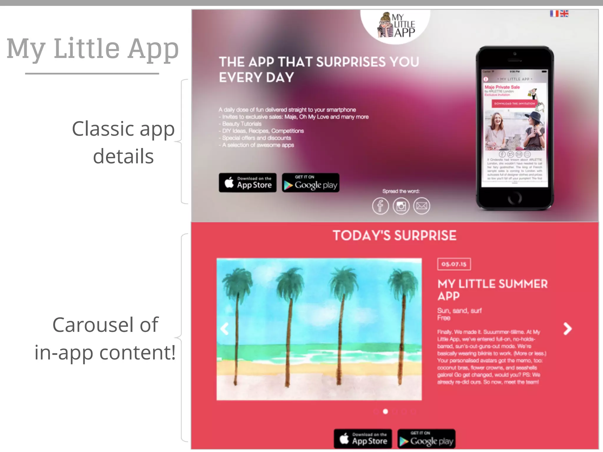My Little App
Classic app
details
Carousel of
in-app content!
 