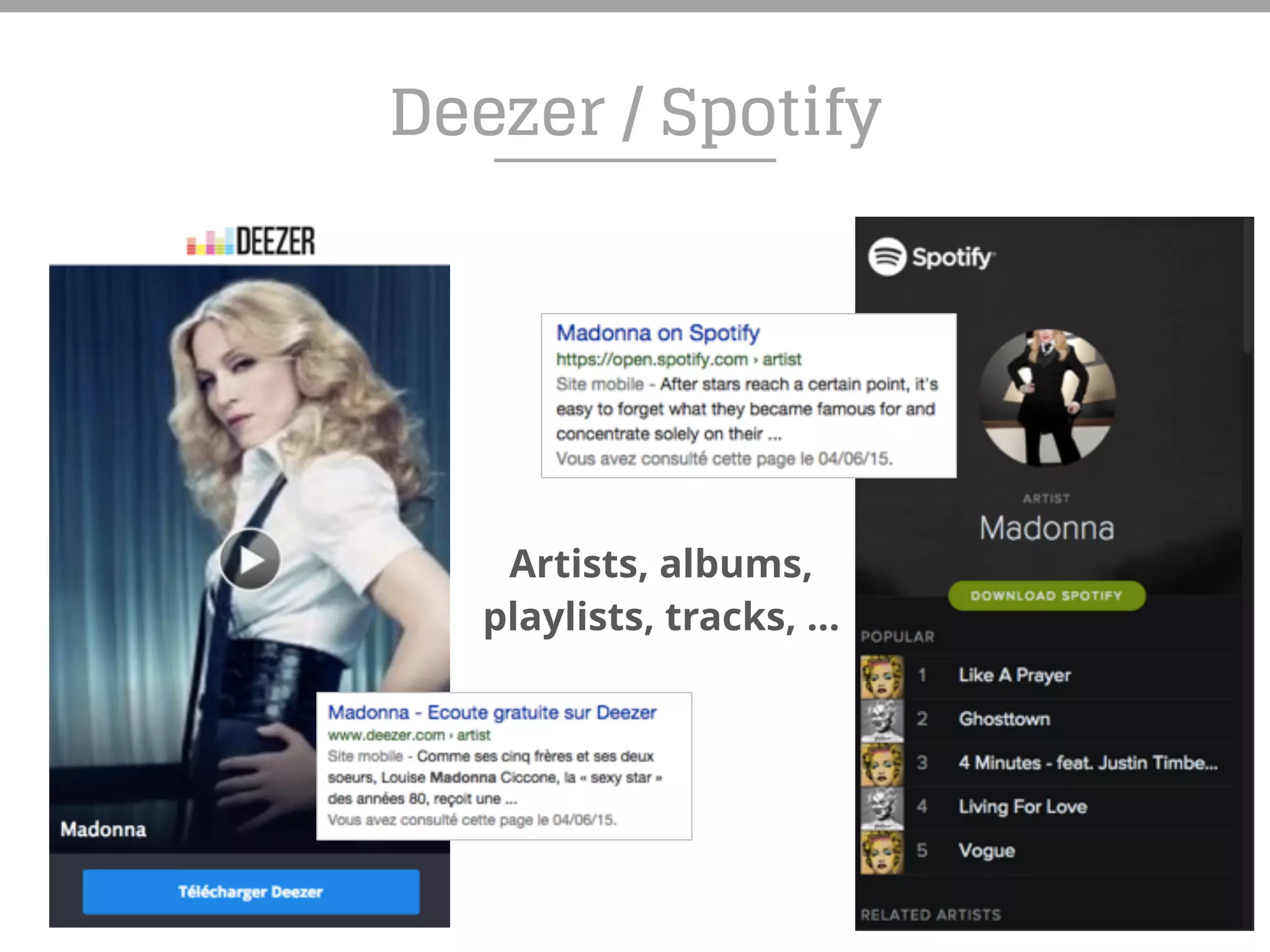 Deezer / Spotify
Artists, albums,
playlists, tracks, …
 