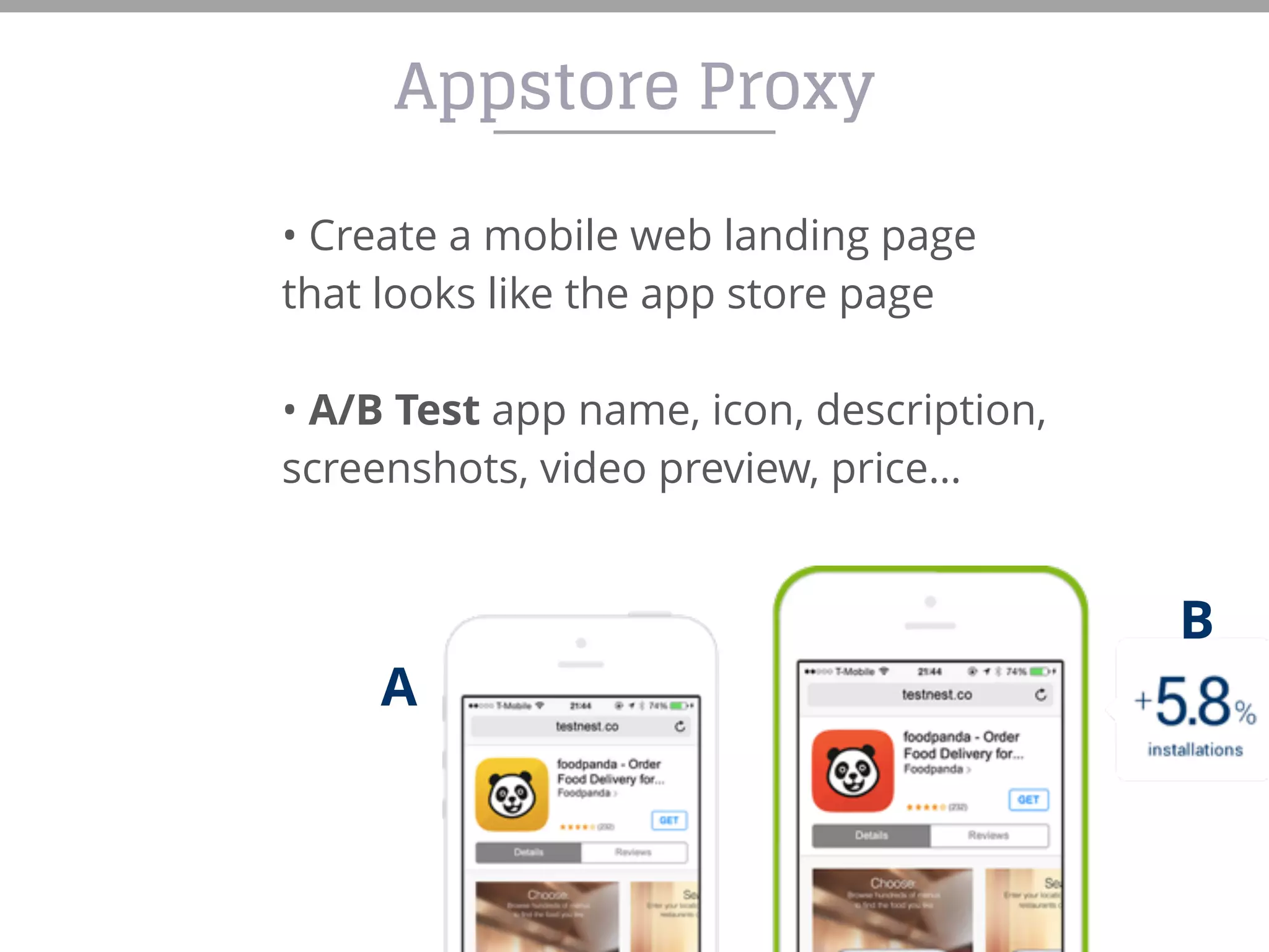 • Create a mobile web landing page
that looks like the app store page
• A/B Test app name, icon, description,
screenshots, video preview, price…
Appstore Proxy
A
B
 