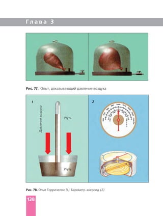 Г л а в а 3
Рис. 77. Опыт, доказывающий давление воздуха
Рис. 78. Опыт Торричелли (1). (2)
21
Давлениевоздуха
Ртуть
Ртуть
138
 