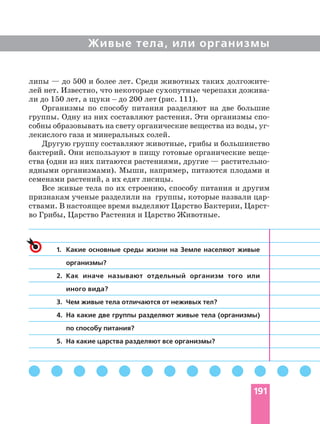 Живые тела, или организмы
липы — до 500 и более лет. Среди животных таких
лей нет. Известно, что некоторые сухопутные черепахи
ли до 150 лет, а щуки _ до 200 лет (рис. 111).
Организмы по способу питания разделяют на две большие
группы. Одну из них составляют растения. Эти организмы
собны образовывать на свету органические вещества из воды,
лекислого газа и минеральных солей.
Другую группу составляют животные, грибы и большинство
бактерий. Они используют в пищу готовые органические
ства (одни из них питаются растениями, другие —
ядными организмами). Мыши, например, питаются плодами и
семенами растений, а их едят лисицы.
Все живые тела по их строению, способу питания и другим
признакам ученые разделили на группы, которые назвали
ствами. В настоящее время выделяют Царство Бактерии,
во Грибы, Царство Растения и Царство Животные.
1. Какие основные среды жизни на Земле населяют живые
организмы?
2. Как иначе называют отдельный организм того или
иного вида?
3. Чем живые тела отличаются от неживых тел?
4. На какие две группы разделяют живые тела (организмы)
по способу питания?
5. На какие царства разделяют все организмы?
191
 