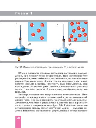 Г л а в а 1
50
Объем и плотность тела изменяются при нагревании и охлаж
дении, при механических воздействиях. При нагревании тело
расширяется, то есть объем его увеличивается, но масса не изме
няется. При увеличении объема тела на каждую его часть при
ходится меньше вещества, плотность тела уменьшается. При
охлаждении объем тела уменьшается, а его плотность увеличи
вается — на каждую часть объема приходится больше вещества
(рис. 32).
Некоторые живые тела могут изменять свою плотность. Мно
гие рыбы, например, имеют плавательный пузырь, наполненный
смесью газов. При расширении этого органа объем тела рыбы уве
личивается, что ведет к уменьшению плотности тела, и рыба лег
ко всплывает к поверхности воды (рис. 33). Рыбы ежи, живущие
в тропических морях, имеют воздушные мешки — выросты же
лудка. В моменты опасности они устремляются к поверхности во
Рис. 32. Изменение объема воды при нагревании (1) и охлаждении (2)
1 2
 