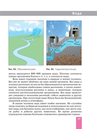 массы приходится 600–800 граммов воды. Поэтому плотность
живых организмов близка к 1, т. е. к плотности воды.
Вода имеет огромное значение в природе и жизни человека.
Без нее не может обойтись ни один живой организм. Без воды в
зеленых растениях не могли бы образовываться органические ве
щества, которые необходимы самим растениям, а также живот
ным, использующим растения в пищу, и животным, которые
питаются растительноядными организмами. Без воды происхо
дит увядание и засыхание растений, гибель животных и других
организмов. При отсутствии воды Земля была бы безжизненной,
лишенной почвы и атмосферы.
В жизни человека вода имеет особое значение. Не случайно
люди селились по берегам водоемов и использовали их как источ
ник воды для бытовых нужд, как пути сообщения, как место лов
ли рыбы и добычи других животных. Во время развития
судоходства самыми богатыми становились приморские страны.
Вода
77
Рис. 44. Образование реки Рис. 45. Гидроэлектростанция
Генератор
Турбина
Щит
 