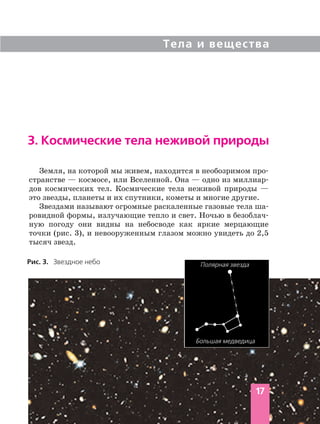 Тела и вещества
17
3. Космические тела неживой природы
Земля, на которой мы живем, находится в необозримом про
странстве — космосе, или Вселенной. Она — одно из миллиар
дов космических тел. Космические тела неживой природы —
это звезды, планеты и их спутники, кометы и многие другие.
Звездами называют огромные раскаленные газовые тела ша
ровидной формы, излучающие тепло и свет. Ночью в безоблач
ную погоду они видны на небосводе как яркие мерцающие
точки (рис. 3), и невооруженным глазом можно увидеть до 2,5
тысяч звезд.
Рис. 3. Звездное небо Полярная звезда
Большая медведица
 