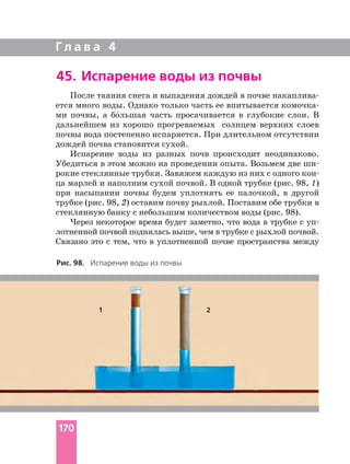 Г л а в а 4
45. Испарение воды из почвы
После таяния снега и выпадения дождей в почве
ется много воды. Однако только часть ее впитывается
ми почвы, а бо´льшая часть просачивается в глубокие слои. В
дальнейшем из хорошо прогреваемых солнцем верхних слоев
почвы вода постепенно испаряется. При длительном отсутствии
дождей почва становится сухой.
Испарение воды из разных почв происходит неодинаково.
Убедиться в этом можно на проведении опыта. Возьмем две
ца марлей и наполним сухой почвой. В одной трубке (рис. 98, 1)
при насыпании почвы будем уплотнять ее палочкой, в другой
трубке (рис. 98, 2) оставим почву рыхлой. Поставим обе трубки в
стеклянную банку с небольшим количеством воды (рис. 98).
Через некоторое время будет заметно, что вода в трубке с
лотненной почвой поднялась выше, чем в трубке с рыхлой почвой.
Связано это с тем, что в уплотненной почве пространства между
Рис. 98. Испарение воды из почвы
1 2
170
 