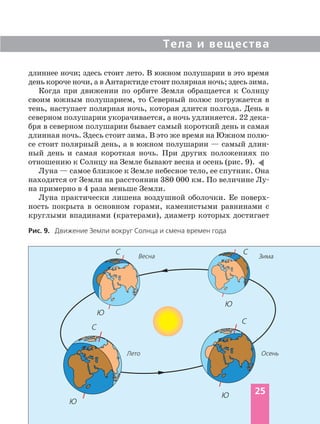 длиннее ночи; здесь стоит лето. В южном полушарии в это время
день короче ночи, а в Антарктиде стоит полярная ночь; здесь зима.
Когда при движении по орбите Земля обращается к Солнцу
своим южным полушарием, то Северный полюс погружается в
тень, наступает полярная ночь, которая длится полгода. День в
северном полушарии укорачивается, а ночь удлиняется. 22 дека
бря в северном полушарии бывает самый короткий день и самая
длинная ночь. Здесь стоит зима. В это же время на Южном полю
се стоит полярный день, а в южном полушарии — самый длин
ный день и самая короткая ночь. При других положениях по
отношению к Солнцу на Земле бывают весна и осень (рис. 9).
Луна — самое близкое к Земле небесное тело, ее спутник. Она
находится от Земли на расстоянии 380 000 км. По величине Лу
на примерно в 4 раза меньше Земли.
Луна практически лишена воздушной оболочки. Ее поверх
ность покрыта в основном горами, каменистыми равнинами с
круглыми впадинами (кратерами), диаметр которых достигает
Тела и вещества
Рис. 9. Движение Земли вокруг Солнца и смена времен года
25
Весна Зима
Лето Осень
С
Ю
С
Ю
С
Ю
С
Ю
 
