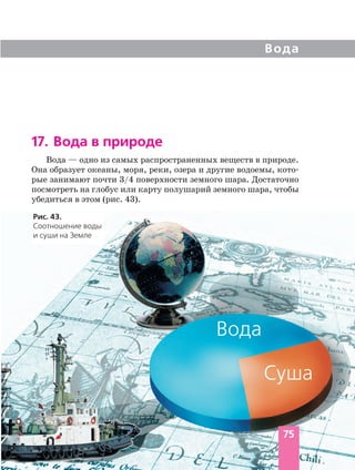 17. Вода в природе
Вода — одно из самых распространенных веществ в природе.
Она образует океаны, моря, реки, озера и другие водоемы, кото
рые занимают почти 3/4 поверхности земного шара. Достаточно
посмотреть на глобус или карту полушарий земного шара, чтобы
убедиться в этом (рис. 43).
75
Вода
Суша
Рис. 43.
Соотношение воды
и суши на Земле
Вода
 