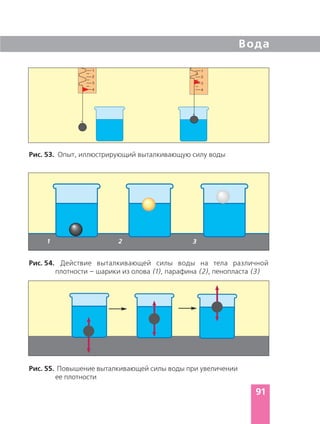 Вода
91
Рис. 53. Опыт, иллюстрирующий выталкивающую силу воды
Рис. 54. Действие выталкивающей силы воды на тела различной
плотности – шарики из олова (1), парафина (2), пенопласта (3)
Рис. 55. Повышение выталкивающей силы воды при увеличении
ее плотности
1 2 3
 