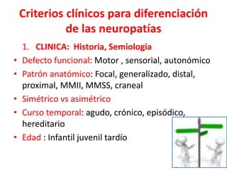 Criterios clínicos para diferenciación
de las neuropatías
1. CLINICA: Historia, Semiologia
• Defecto funcional: Motor , sensorial, autonómico
• Patrón anatómico: Focal, generalizado, distal,
proximal, MMII, MMSS, craneal
• Simétrico vs asimétrico
• Curso temporal: agudo, crónico, episódico,
hereditario
• Edad : Infantil juvenil tardío
 