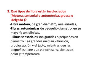 3. Qué tipos de fibra están involucrados
(Motora, sensorial o autonómica, gruesa o
delgada )?
-Fibra motora, de gran diámetro, mielinizadas,
-Fibras autonómicas de pequeño diámetro, en su
mayoría amielínicas.
- Fibras sensoriales son grandes o pequeños en
diámetro. Las grandes median vibración,
propiocepción y el tacto, mientras que las
pequeñas tiene que ver con sensaciones de
dolor y temperatura.
 