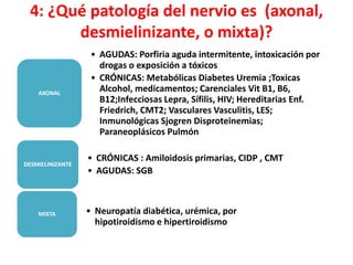 4: ¿Qué patología del nervio es (axonal,
desmielinizante, o mixta)?
• AGUDAS: Porfiria aguda intermitente, intoxicación por
drogas o exposición a tóxicos
• CRÓNICAS: Metabólicas Diabetes Uremia ;Toxicas
Alcohol, medicamentos; Carenciales Vit B1, B6,
B12;Infecciosas Lepra, Sífilis, HIV; Hereditarias Enf.
Friedrich, CMT2; Vasculares Vasculitis, LES;
Inmunológicas Sjogren Disproteinemias;
Paraneoplásicos Pulmón
AXONAL
• CRÓNICAS : Amiloidosis primarias, CIDP , CMT
• AGUDAS: SGB
DESMIELINIZANTE
• Neuropatía diabética, urémica, por
hipotiroidismo e hipertiroidismo
MIXTA
 