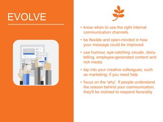 EVOLVE
• know when to use the right internal
communication channels
• be flexible and open-minded in how
your message could be improved
• use humour, eye-catching visuals, story-
telling, employee-generated content and
rich media
• tap into your creative colleagues, such
as marketing, if you need help
• focus on the 'why'. If people understand
the reason behind your communication,
they'll be inclined to respond favorably
 