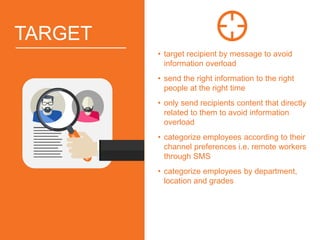 TARGET
• target recipient by message to avoid
information overload
• send the right information to the right
people at the right time
• only send recipients content that directly
related to them to avoid information
overload
• categorize employees according to their
channel preferences i.e. remote workers
through SMS
• categorize employees by department,
location and grades
 