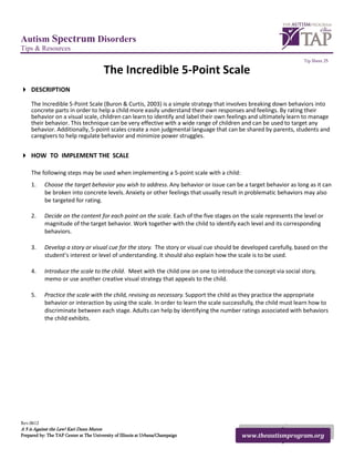 Autism Spectrum Disorders
Tips & Resources
                                                                                                                  Tip Sheet 25

                                          The Incredible 5-Point Scale
 DESCRIPTION

     The Incredible 5-Point Scale (Buron & Curtis, 2003) is a simple strategy that involves breaking down behaviors into
     concrete parts in order to help a child more easily understand their own responses and feelings. By rating their
     behavior on a visual scale, children can learn to identify and label their own feelings and ultimately learn to manage
     their behavior. This technique can be very effective with a wide range of children and can be used to target any
     behavior. Additionally, 5-point scales create a non judgmental language that can be shared by parents, students and
     caregivers to help regulate behavior and minimize power struggles.


 HOW TO IMPLEMENT THE SCALE

     The following steps may be used when implementing a 5-point scale with a child:
     1.    Choose the target behavior you wish to address. Any behavior or issue can be a target behavior as long as it can
           be broken into concrete levels. Anxiety or other feelings that usually result in problematic behaviors may also
           be targeted for rating.

     2.    Decide on the content for each point on the scale. Each of the five stages on the scale represents the level or
           magnitude of the target behavior. Work together with the child to identify each level and its corresponding
           behaviors.

     3.    Develop a story or visual cue for the story. The story or visual cue should be developed carefully, based on the
           student’s interest or level of understanding. It should also explain how the scale is to be used.

     4.    Introduce the scale to the child. Meet with the child one on one to introduce the concept via social story,
           memo or use another creative visual strategy that appeals to the child.

     5.    Practice the scale with the child, revising as necessary. Support the child as they practice the appropriate
           behavior or interaction by using the scale. In order to learn the scale successfully, the child must learn how to
           discriminate between each stage. Adults can help by identifying the number ratings associated with behaviors
           the child exhibits.




Rev.0612
A 5 is Against the Law! Kari Dunn Muron
Prepared by: The TAP Center at The University of Illinois at Urbana/Champaign            www.theautismprogram.org
 