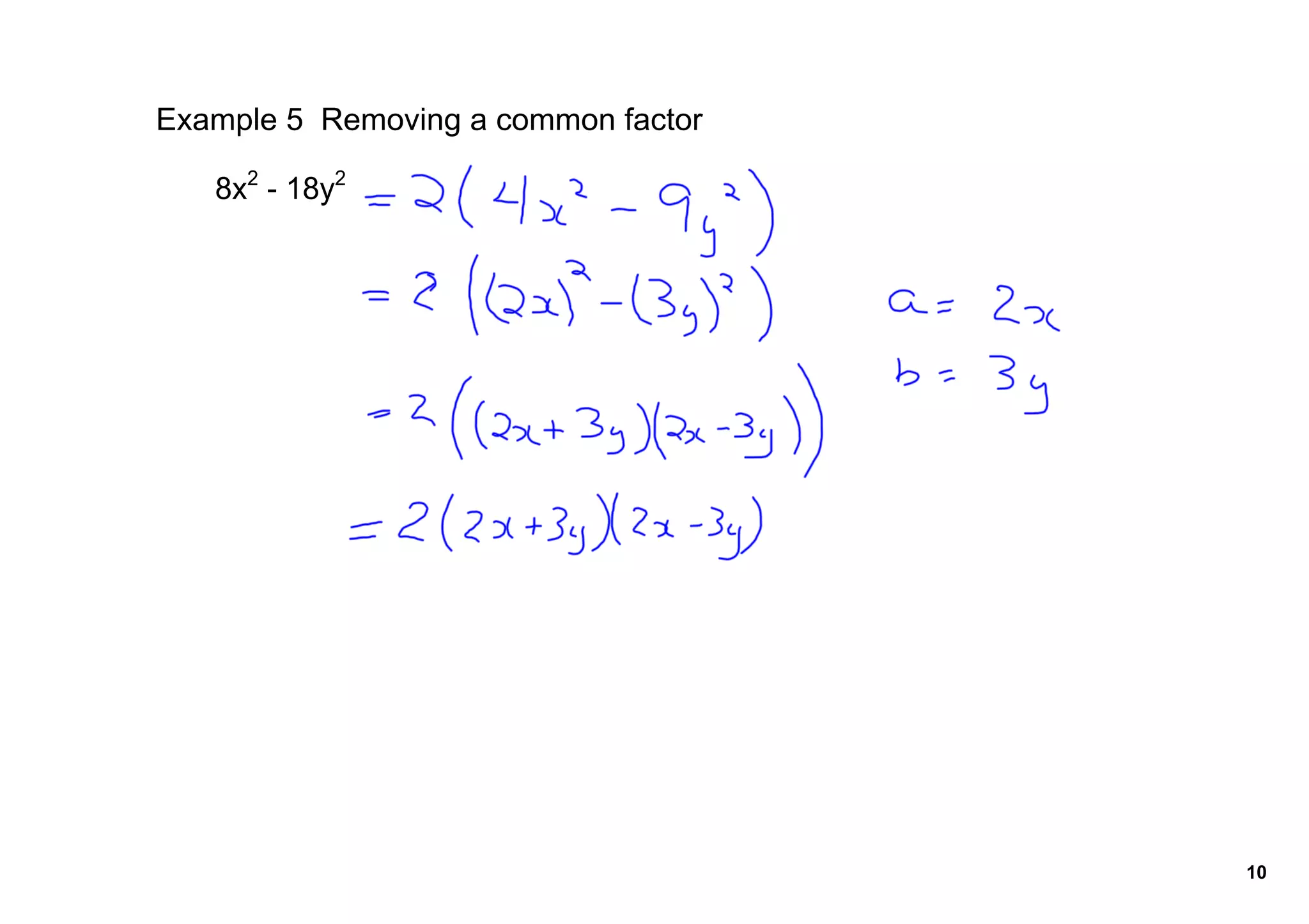Example 5  Removing a common factor

       8x2 ­ 18y2




                                      10
 