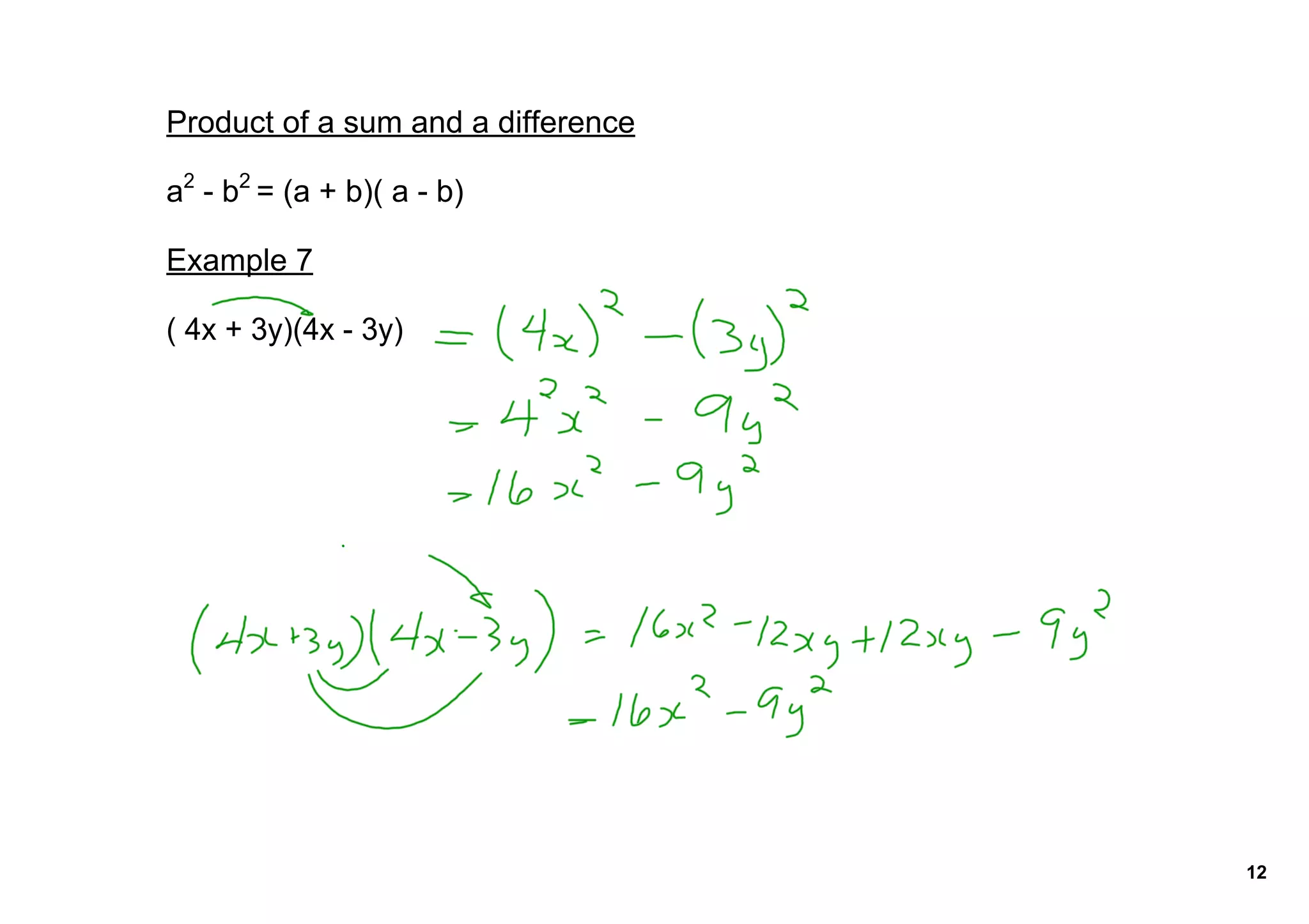 Product of a sum and a difference

a2 ­ b2 = (a + b)( a ­ b)

Example 7

( 4x + 3y)(4x ­ 3y)




                                    12
 