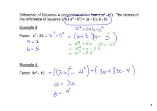 Difference of Squares­ A polynomial of the form ( a2 ­ b2).  The factors of 
the difference of squares are ( a2 ­ b2) = (a + b)( a ­ b)

Example 3

Factor   x2 ­ 25




Example 4 

Factor  9x2 ­ 16




                                                                               9
 