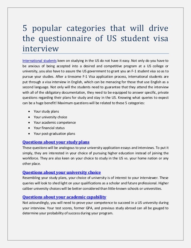 5 popular categories that will drive the questionnaire of us student