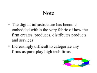 Note The digital infrastructure has become  embedded within the very fabric of how the firm creates, produces, distributes products and services Increasingly difficult to categorize any firms as pure-play high tech firms 