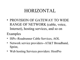 HORIZONTAL PROVISION OF GATEWAY TO WIDE RANGE OF NETWORK (cable, voice, Internet), hosting services, and so on Examples ISPs--Roadrunner Cable Services, AOL Network service providers--AT&T Broadband, Sprint,  Web hosting Services providers: HostPro 