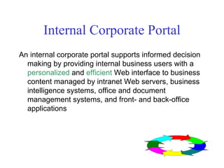 Internal Corporate Portal An internal corporate portal supports informed decision making by providing internal business users with a  personalized  and  efficient  Web interface to business content managed by intranet Web servers, business intelligence systems, office and document management systems, and front- and back-office applications 