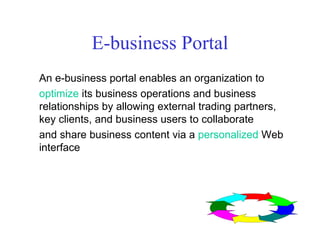 E-business Portal An e-business portal enables an organization to optimize  its business operations and business relationships by allowing external trading partners, key clients, and business users to collaborate and share business content via a  personalized  Web interface 