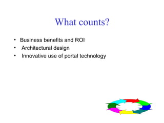 What counts? Business benefits and ROI Architectural design Innovative use of portal technology 