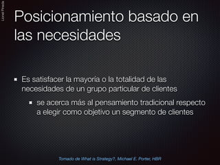 LionelPineda
Posicionamiento basado en
las necesidades
Es satisfacer la mayoría o la totalidad de las
necesidades de un grupo particular de clientes
se acerca más al pensamiento tradicional respecto
a elegir como objetivo un segmento de clientes
Tomado de What is Strategy?, Michael E. Porter, HBR
 