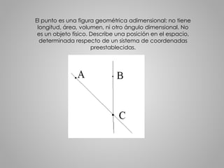 El punto es una figura geométrica adimensional: no tiene 
longitud, área, volumen, ni otro ángulo dimensional. No 
es un objeto físico. Describe una posición en el espacio, 
determinada respecto de un sistema de coordenadas 
preestablecidas. 
 