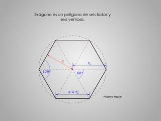 Exágono es un polígono de seis lados y 
seis vértices. 
Polígono Regular 
 