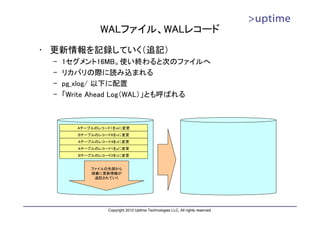 WALファイル、WALレコード
• 更新情報を記録していく（追記）
 –   1セグメント16MB。使い終わると次のファイルへ
 –   リカバリの際に読み込まれる
 –   pg_xlog/ 以下に配置
 –   「Write Ahead Log（WAL）」とも呼ばれる



       Aテーブルのレコード1をmに変更
        Bテーブルのレコード6をnに変更
        Aテーブルのレコード4をxに変更
        Aテーブルのレコード1をyに変更
        Bテーブルのレコード2をzに変更


            ファイルの先頭から
            順番に更新情報が
             追記されていく




                 Copyright 2010 Uptime Technologies LLC, All rights reserved.
 