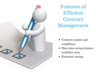 Features of
Efficient
Contract
Management
Contract creation and
compliance
Most time-saving features:
workflow tools
Electronic storage
 