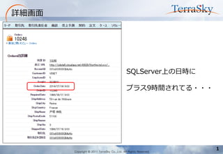 Copyright © 2011 TerraSky Co.,Ltd. All Rights Reserved. 
1 
詳細画面 
SQLServer上の日時に 
プラス9時間されてる・・・  