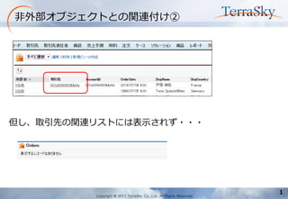 Copyright © 2011 TerraSky Co.,Ltd. All Rights Reserved. 
1 
非外部オブジェクトとの関連付け② 
但し、取引先の関連リストには表示されず・・・  
