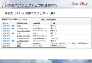 Copyright © 2011 TerraSky Co.,Ltd. All Rights Reserved. 
1 
非外部オブジェクトとの関連付け③ 
取引先（子）⇒ 外部オブジェクト（親）  