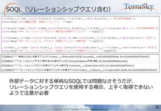 Copyright © 2011 TerraSky Co.,Ltd. All Rights Reserved. 
1 
SOQL（リレーションシップクエリ含む） 
外部データに対する単純なSOQLでは問題なさそうだが、 
リレーションシップクエリを使用する場合、上手く取得できない 
ようで注意が必要  