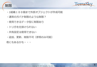 Copyright © 2011 TerraSky Co.,Ltd. All Rights Reserved. 
1. 弊社商品「パワーポイント」による 
ビジュアルイメージのご提案 
1 
制限 
・1組織１００個まで外部オブジェクトが作成可能 
・通常のガバナ制限のような制限？ 
・使用できるデータ型に制限あり 
・トリガを仕掛けられない 
・共有設定は使用できない 
・追加、更新、削除不可（参照のみ可能） 
他にもあるかも・・・  