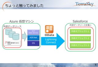 Copyright © 2011 TerraSky Co.,Ltd. All Rights Reserved. 
1 
ちょっと触ってみました 
Lightning Connect 
Salesforce 
外部オブジェクト１ 
外部データソース定義１ 
外部オブジェクト２ 
外部オブジェクト３ 
IIS 
ASP.Net 
WCF 
Data Service 
外部データソース 
Azure 仮想マシン  