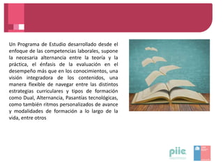 Un Programa de Estudio desarrollado desde el
enfoque de las competencias laborales, supone
la necesaria alternancia entre la teoría y la
práctica, el énfasis de la evaluación en el
desempeño más que en los conocimientos, una
visión integradora de los contenidos, una
manera flexible de navegar entre las distintos
estrategias curriculares y tipos de formación
como Dual, Alternancia, Pasantías tecnológicas,
como también ritmos personalizados de avance
y modalidades de formación a lo largo de la
vida, entre otros
 