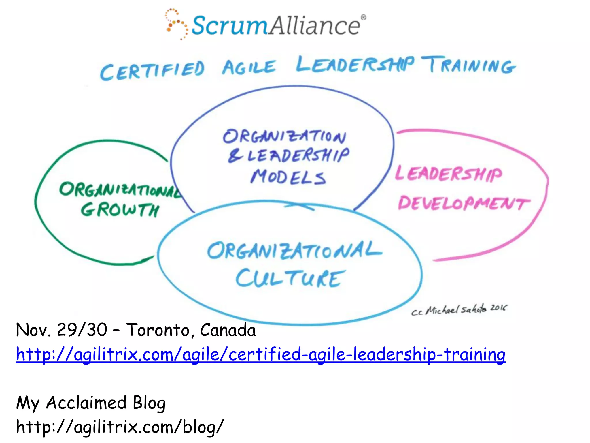 Nov. 29/30 – Toronto, Canada
http://agilitrix.com/agile/certified-agile-leadership-training
My Acclaimed Blog
http://agilitrix.com/blog/
 