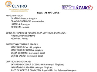 REPELIR INSETOS:
GERÂNIO: insetos em geral
CRAVO DE DEFUNTO: nematoides
HORTELÃ: formigas
GERGELIM: saúvas;
SUBST. RETIRADAS DE PLANTAS PARA CONTROLE DE INSETOS:
PIRETRO: flor crisântemo
NICOTINA: fumo;
ROTENTONACONTROLE PRAGAS:
MACERADO DE ALHO: pulgões
MACERADO DE URTIGA: pulgões
CALDA DE FUMO: insetos em geral
CHÁ DE SABÃO: insetos em geral
CONTROLE DE DOENÇAS:
EXTRATO DE CEBOLA E CEBOLINHA: doenças fúngicas;
INFUSÃO DE RUIBARBO: doenças fúngicas;
SUCO DE HORTELÃ COM CEBOLA: podridão das folhas ou ferrugem
RECEITAS NATURAIS
 