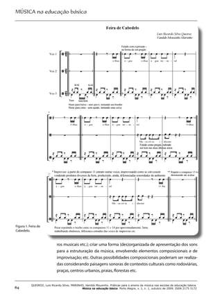 MÚSICA na educação básica
64
QUEIROZ, Luis Ricardo Silva; MARINHO, Vanildo Mousinho. Práticas para o ensino da música nas escolas de educação básica.
Música na educação básica. Porto Alegre, v. 1, n. 1, outubro de 2009. ISSN 2175 3172
ros musicais etc.); criar uma forma (des)organizada de apresentação dos sons
para a estruturação da música, envolvendo elementos composicionais e de
improvisação; etc. Outras possibilidades composicionais poderiam ser realiza-
das considerando paisagens sonoras de contextos culturais como rodoviárias,
praças, centros urbanos, praias, florestas etc.
Figura 1. Feira de
Cabedelo.
i i ) i f (d ) i d d ã d
 
