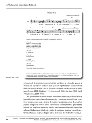MÚSICA na educação básica
66
QUEIROZ, Luis Ricardo Silva; MARINHO, Vanildo Mousinho. Práticas para o ensino da música nas escolas de educação básica.
Música na educação básica. Porto Alegre, v. 1, n. 1, outubro de 2009. ISSN 2175 3172
educacional da atualidade, considerando que tanto a educação quanto a
música são expressões culturais que ganham significados e características
diversificadas de acordo com os distintos universos sociais em que aconte-
cem (Arroyo, 2002; Blacking, 1995; Campebell, 2004; Merriam, 1964; Nettl
1992; Queiroz, 2004, 2005).
No que se refere especificamente ao trabalho de educação musical, lidar
com diferentes expressões culturais permite contemplar uma série de obje-
tivos fundamentais para o ensino de música nas escolas, como: desenvolver
práticas integradas com os temas transversais, contemplando a “pluralidade
cultural” de múltiplos contextos sociais; compreender diferentes expressões
culturais (do bairro, da cidade, do estado, da região, do país e do mundo), con-
forme enfatizado na proposta para a área de música dos Parâmetros Curricula-
Figura 2. Abre a roda.
 