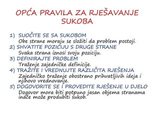 OPĆA PRAVILA ZA RJEŠAVANJE
SUKOBA
1) SUOČITE SE SA SUKOBOM
Obe strane moraju se složiti da problem postoji.
2) SHVATITE POZICIJU S DRUGE STRANE
Svaka strana iznosi svoju poziciju.
3) DEFINIRAJTE PROBLEM
Traženje zajedničke definicije.
4) TRAŽITE I VREDNUJTE RAZLIČITA RJEŠENJA
Zajedničko traženje obostrano prihvatljivih ideja i
njihovo vrednovanje.
5) DOGOVORITE SE I PROVEDITE RJEŠENJE U DJELO
Dogovor mora biti potpuno jasan objema stranama
inače može produbiti sukob.
 