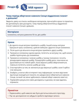 123
Чому період обертання навколо Cонця віддалених планет
є довшим?
Зверніть увагу на список необхідних матеріалів, прочитайте кроки та примітки,
які допоможуть вам дослідити, чому період обертання більш віддалених
планет навколо Сонця є довшим.
Матеріали
соломинка, мотузка довжиню 50 см, дві шайби
Кроки
1. 
До одного кінця мотузки прив’яжіть шайбу. Інший кінець мотузки
просуньте крізь соломинку, щоб він вийшов з другого кінця соломинки.
2. 
Після цього до вільного кінця мотузки прив’яжіть другу шайбу.
3. 
Тримаючи соломинку однією рукою, потягніть за мотузку так, щоб нижня
шайба підтягнулась до соломинки.
4. 
Тримаючи соломинку і нижню шайбу у такому положенні, почніть
розкручувати верхню шайбу. Розкручуйте шайбу доти, поки вона не
рухатиметься по стійкій орбіті. Коли верхня шайба обертатиметься,
повільно потягніть нижню шайбу до низу.
5. 
Спостерігайте за тим, як змінюється рух верхньої шайби, коли її орбіта
стає меншою.
6. 
Знайдіть у книгах або в інтернеті таку інформацію: на яких відстанях
від Сонця знаходяться планети, як швидко вони обертаються навколо
Сонця, за який час вони здійснюють повний оберт навколо своєї осі.
7. 
Порівняйте результати своїх досліджень із даними, які вам вдалось
отримати.
Примітки
• Переконайся, щоб навколо вас було достатньо вільного простору.
• Під час дослідження не забудьте зробити відповідні записи.
Розділ 6 Мій проєкт
 